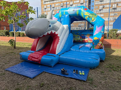Shark Bounce N Slide, a bounce and slide combo for hire from Jump N Joy Inflatables