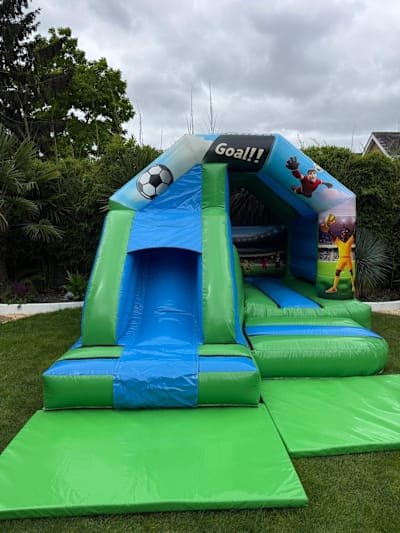 12ft x 12ft Football theme Bounce and Slide, a bounce and slide combo for hire from Bounce House Inflatables
