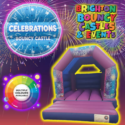 Blue Celebrations Velcro Bouncy Castle Multiple Colours Available, a bouncy castle for hire from Brighton Bouncy Castles
