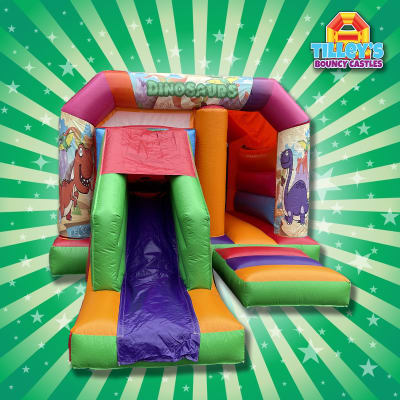 Dinosaur Bounce and Slide Bouncy Castle, a bounce and slide combo for hire from Tilley's Bouncy Castles and Soft Play Hire