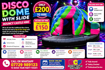 19ft x 18ft Disco Dome With Slide, a disco dome for hire from Bouncy Castle Factory