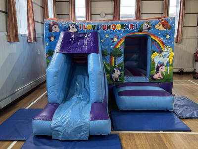 Unicorn Theme (Low height Combi slide Castle ), a bounce and slide combo for hire from Bounce N Fun