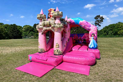 3D Princess Castle with Slide, a bounce and slide combo for hire from Wazoggies Bounce House