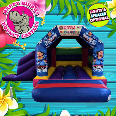 Lilo & Stitch Slide 15ft x 18ft - Purple & R, a inflatable slide for hire from Happy Hippos Bouncy Castles