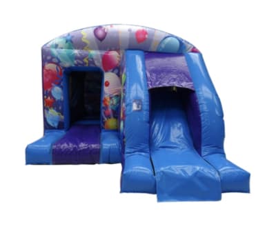 13 x 18 Purple & Blue Balloons Box Jump and Slide Inflatable Hire Surrey, a bounce and slide combo for hire from Alpha Bouncy Castles & Events