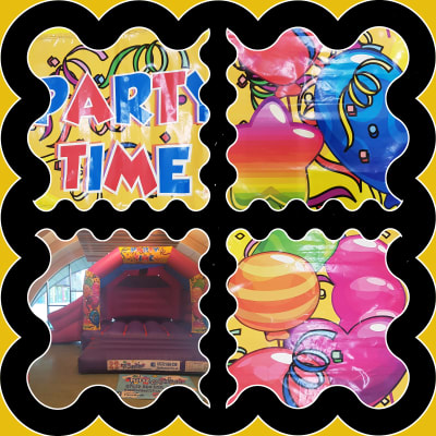 (BC-6) "Party Time" Pink & Purple Themed Bouncy Castle (Slide), a bounce and slide combo for hire from KiDz Parties LLP