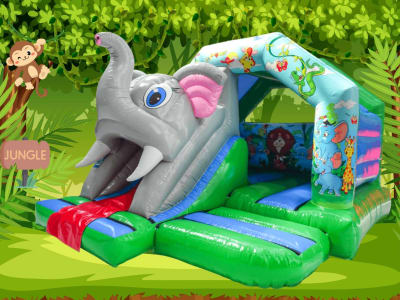 Jungle Elephant 3D Bouncy Castle with Slide 15x12ft, a bounce and slide combo for hire from Have A Bounce