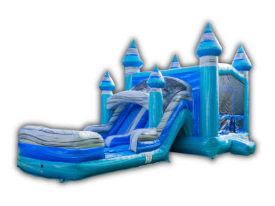 Teal Blue Bounce House & Dual Lane Slide Combo W/ Splash Pool