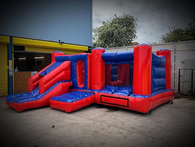 Red and Blue 3-in-1 Bouncy Castle Slide and Ball Pond Combo hire Langton Green