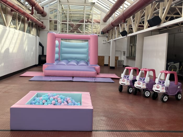 pink bouncy castle and soft play hire