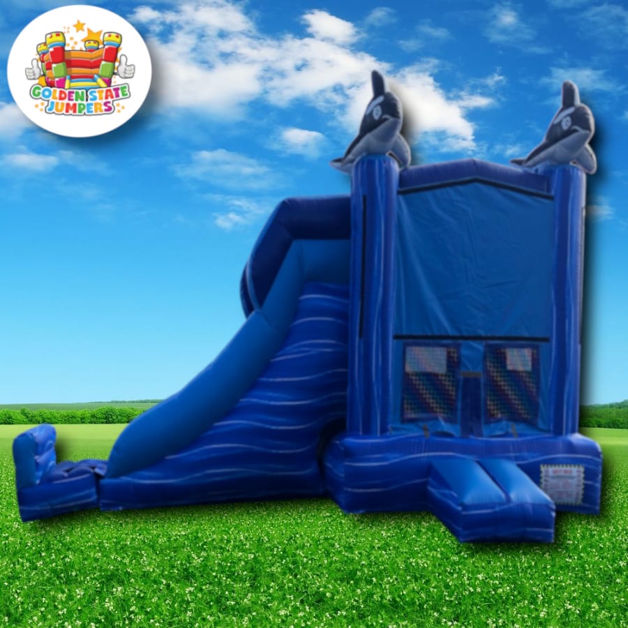 (CBH17) *RENTAL* Bounce House Slide Combo 27ftx11ft Blue Dolphin / Wet or  Dry