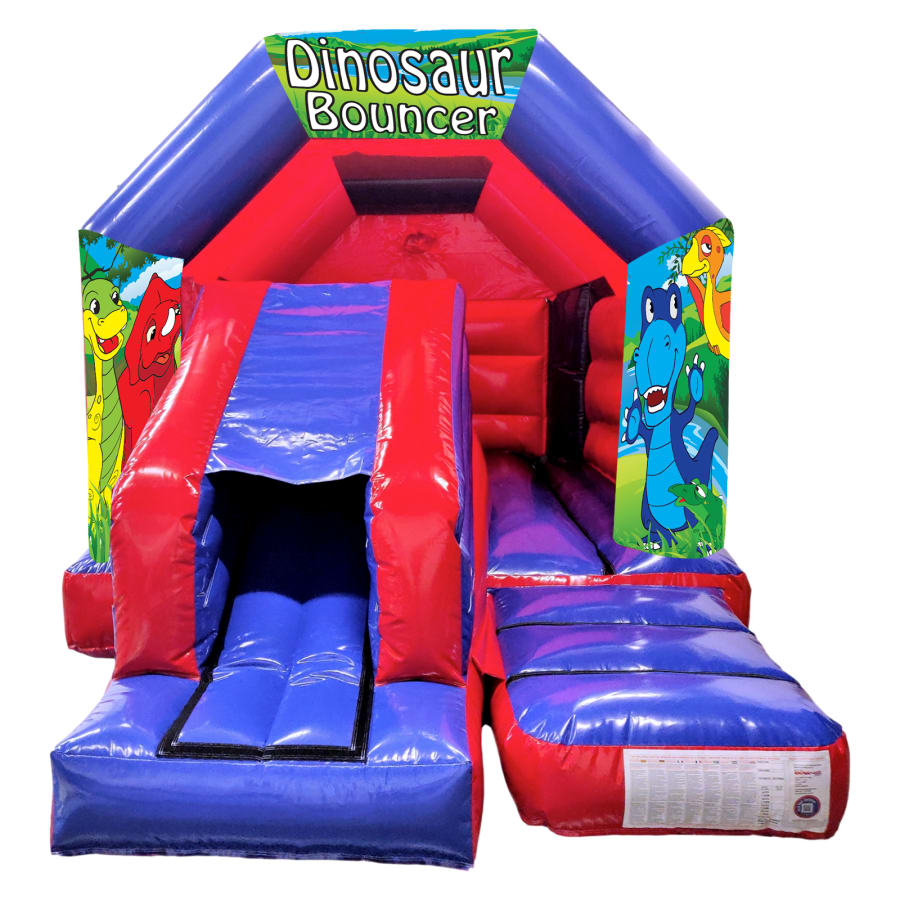 Dinosaur Cartoon Theme Red & Blue Bouncy Castle With Slide - 11ft x 16ft -  Nationwide Bouncy Castle & Event Entertainment Hire in Settle, Skipton,  Keighley, Ilkley, Otley, Harrogate, Leeds & Bradford